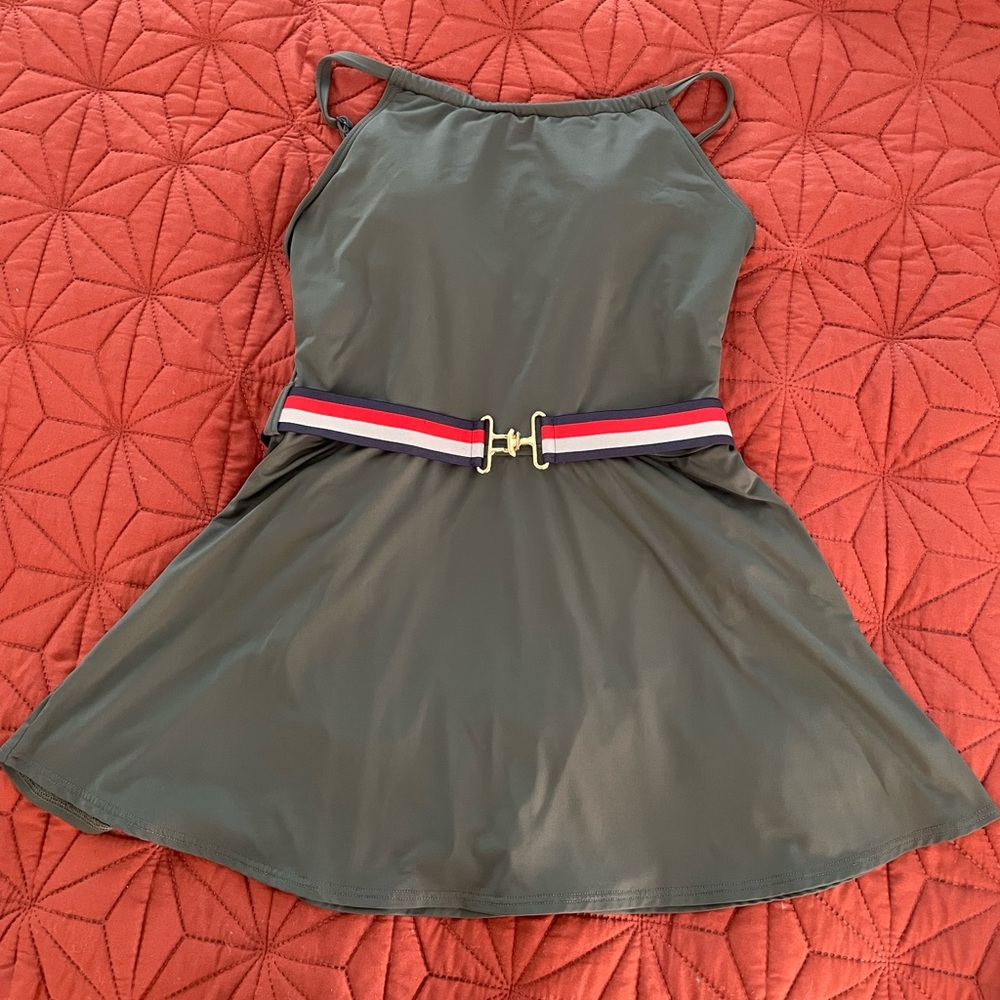 Tommy Hilfiger Swimsuit Belted Skirt Modest Army Green Retro Swim Dress S/M